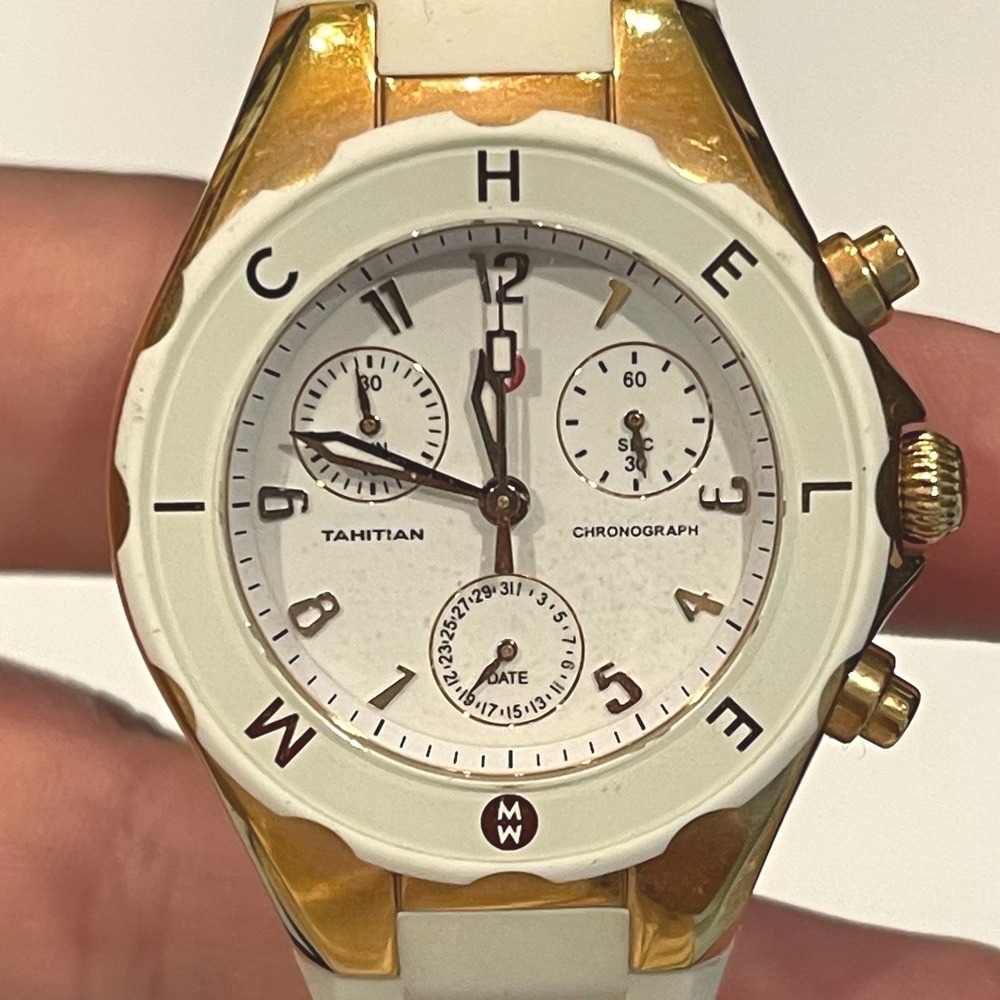 Michele Tahitian Chronograph Gold White Silicone Watch MWW12P000015 JB70130